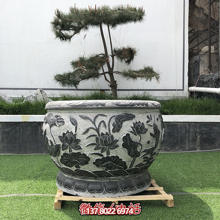 園林大理石石雕浮雕蓮花水缸雕塑 園林大理石石雕浮雕蓮花水缸雕塑